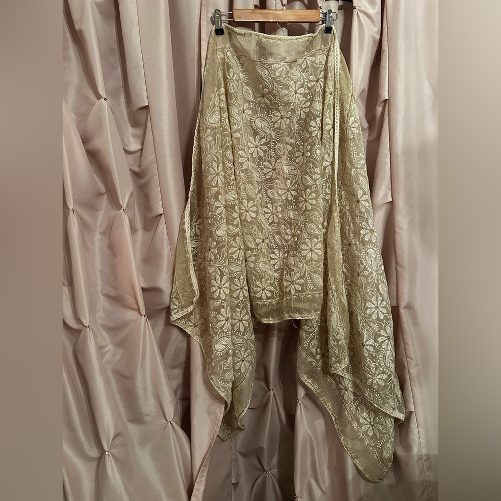 Gauze embroidered long scarf cream gold lamé floral daisies crochet lace trims